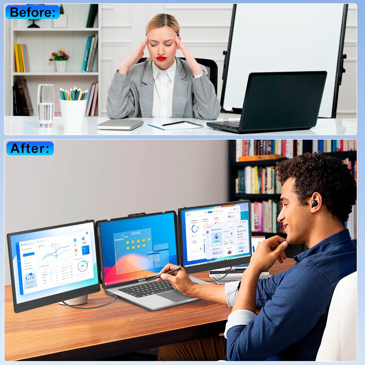 Laptop Screen Extender, 14" IPS Triple Monitor for Laptop Extension- 1080P FHD Portable Dual Monitor Screen for 13"-17.3" Laptops Type-C/Usb-A/Hdmi Plug & Play for Wins/Mac/Chrome