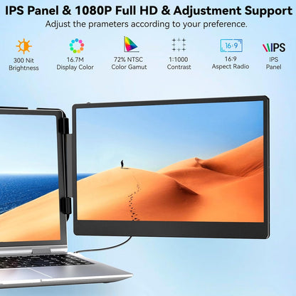 Laptop Screen Extender, 14" IPS Triple Monitor for Laptop Extension- 1080P FHD Portable Dual Monitor Screen for 13"-17.3" Laptops Type-C/Usb-A/Hdmi Plug & Play for Wins/Mac/Chrome